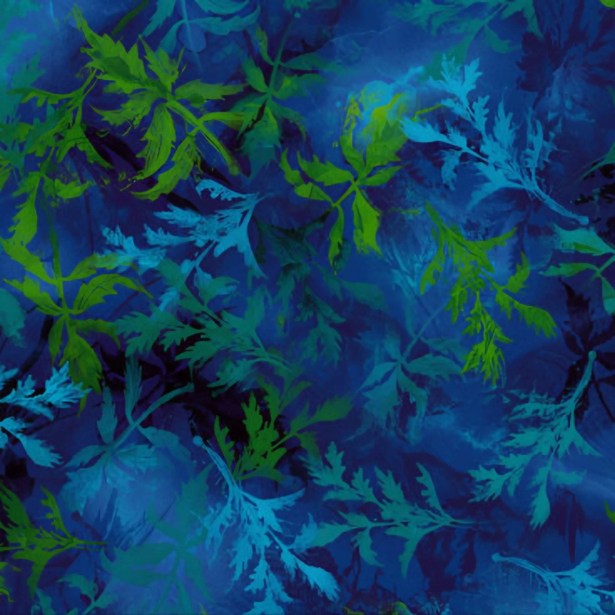 Poppy foliage blender cobalt blue turquoise lime green digital print fabric for quilts sashing backgrounds cushions and botanical patchwork sewing projects