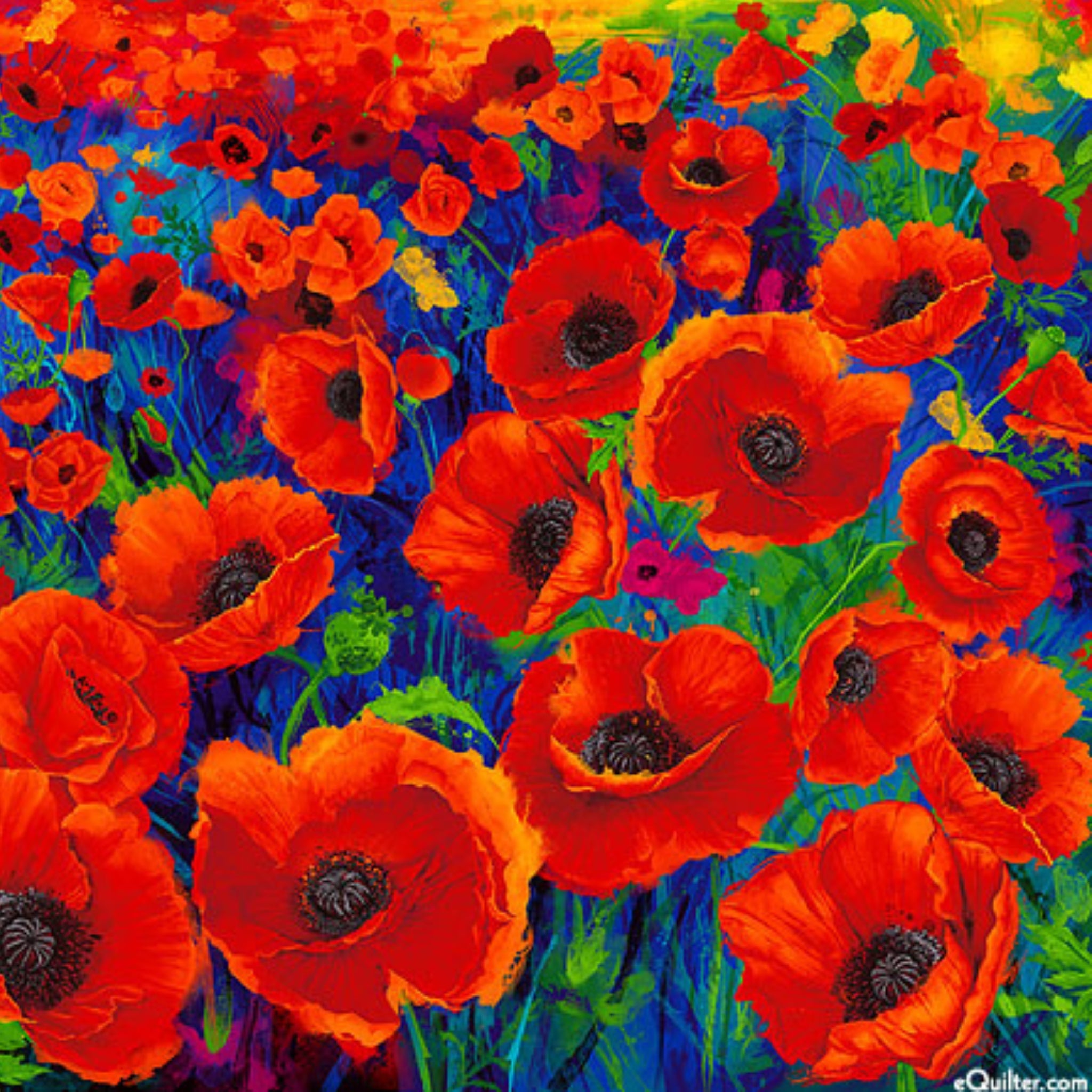 Red orange poppy field panel with rainbow sky fabric for feature quilts and wall hangings