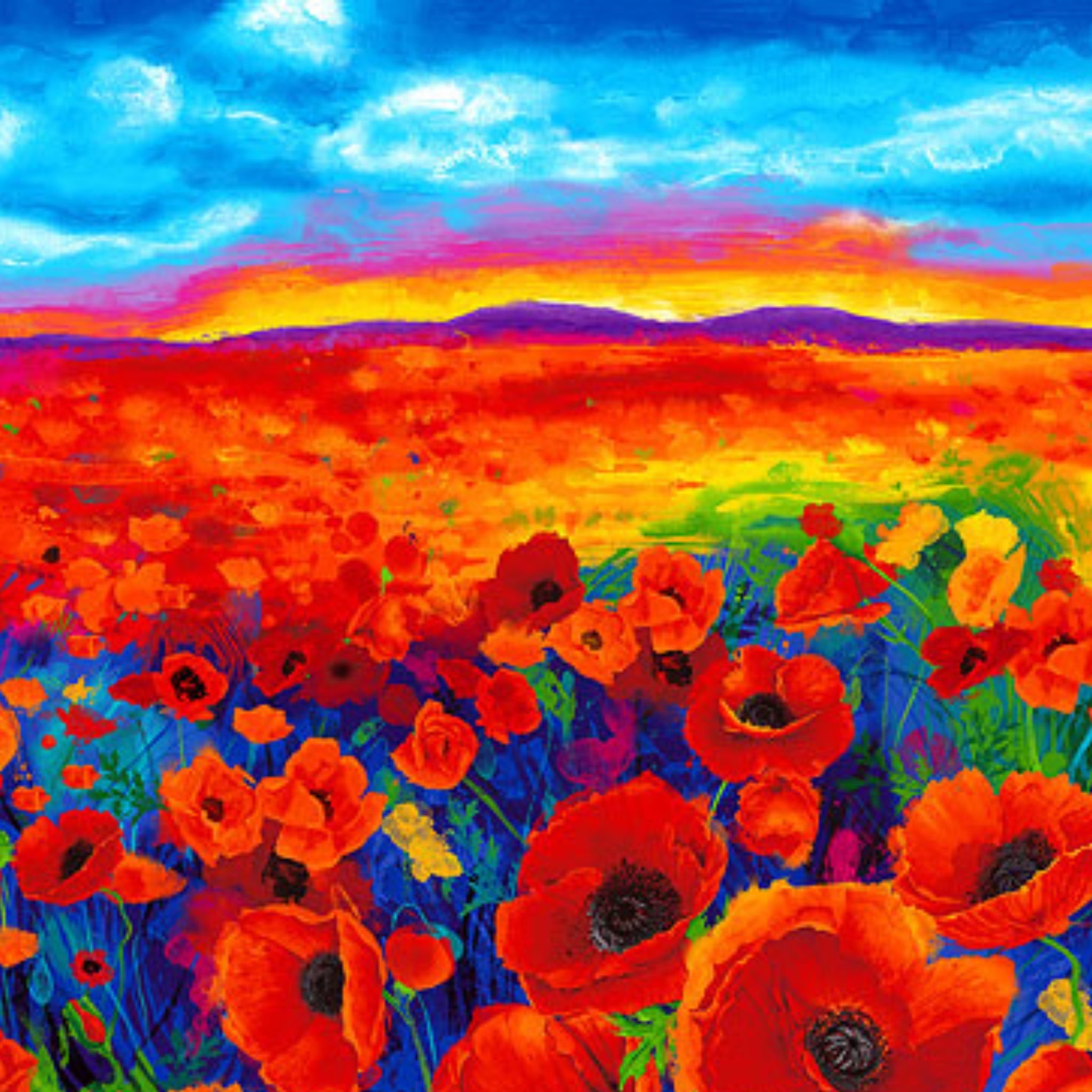 Red orange poppy field panel with rainbow sky fabric for feature quilts and wall hangings digitally printed
