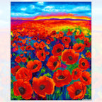 Red orange poppy field panel with rainbow sky fabric for feature quilts and wall hangings