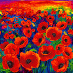 Painted poppy field panel red orange green foliage rainbow sky blue gold magenta digital print for panel quilts wall hangings and cushions