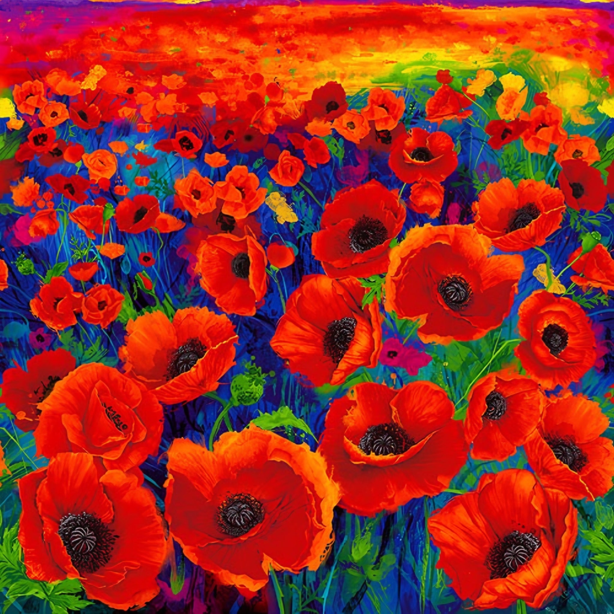Painted poppy field panel red orange green foliage rainbow sky blue gold magenta digital print for panel quilts wall hangings and cushions