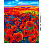 Painted poppy field panel red orange green foliage rainbow sky blue gold magenta digital print for panel quilts wall hangings and cushions
