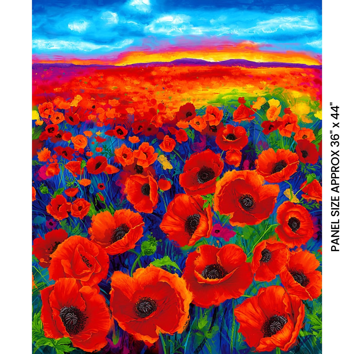 Painted poppy field panel red orange green foliage rainbow sky blue gold magenta digital print for panel quilts wall hangings and cushions