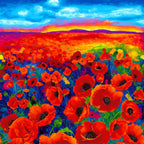 Painted poppy field panel red orange green foliage rainbow sky blue gold magenta digital print for panel quilts wall hangings and cushions