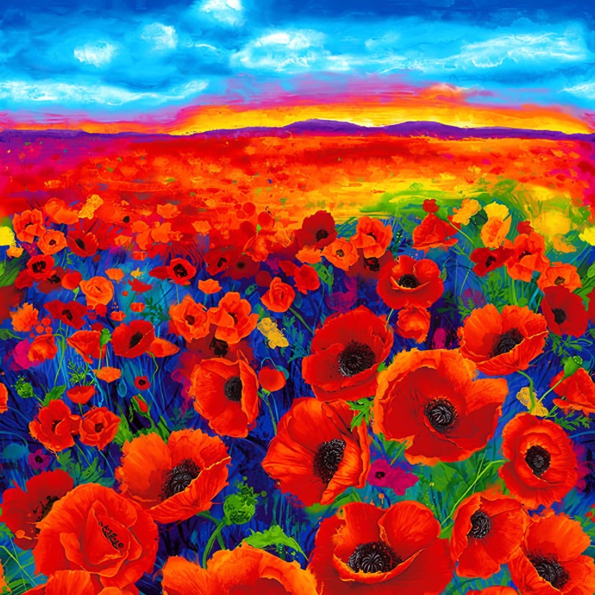 Painted poppy field panel red orange green foliage rainbow sky blue gold magenta digital print for panel quilts wall hangings and cushions