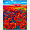 Painted poppy field panel red orange green foliage rainbow sky blue gold magenta digital print for panel quilts wall hangings and cushions