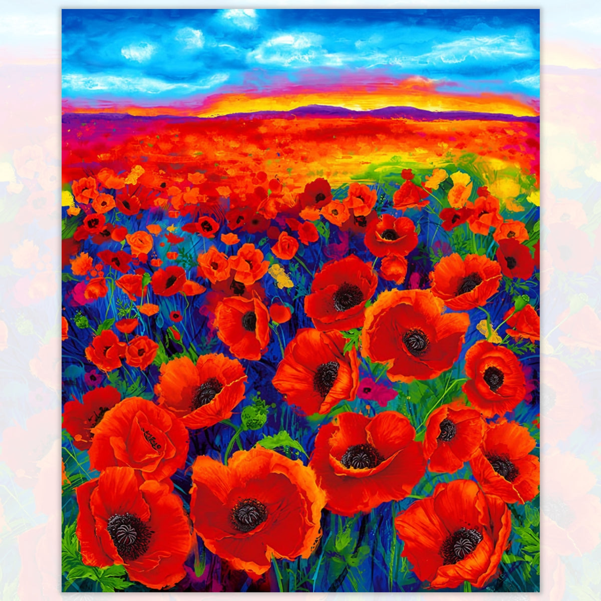 Painted poppy field panel red orange green foliage rainbow sky blue gold magenta digital print for panel quilts wall hangings and cushions