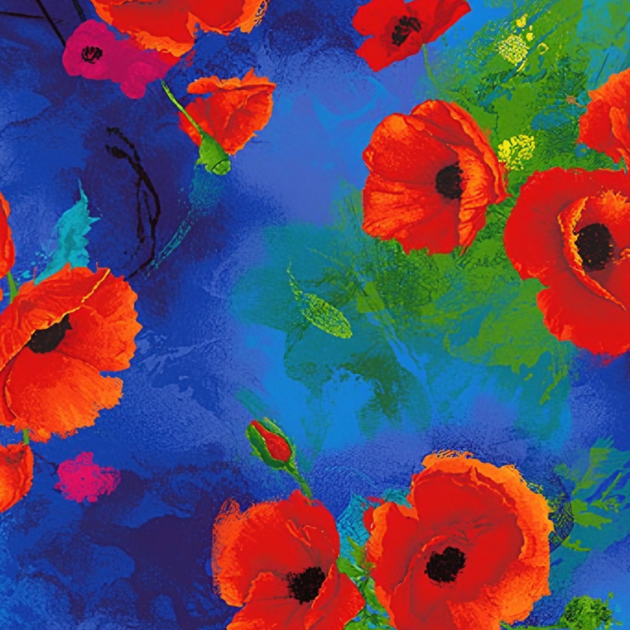Painted red orange poppy tossed floral digital print cobalt blue watercolour background fabric for quilts bags cushions book covers and patchwork sewing projects
