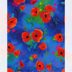 Painted red orange poppy tossed floral digital print cobalt blue watercolour background fabric for quilts bags cushions book covers and patchwork sewing projects