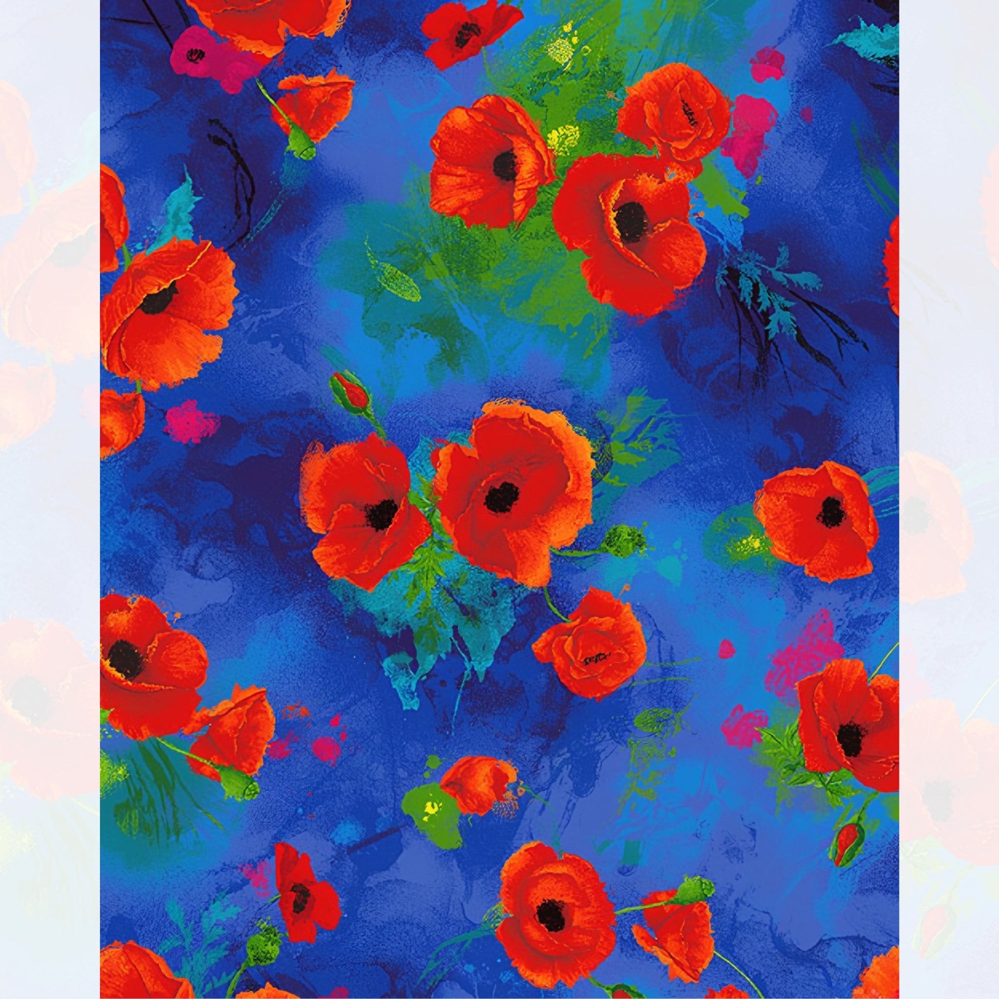 Painted red orange poppy tossed floral digital print cobalt blue watercolour background fabric for quilts bags cushions book covers and patchwork sewing projects