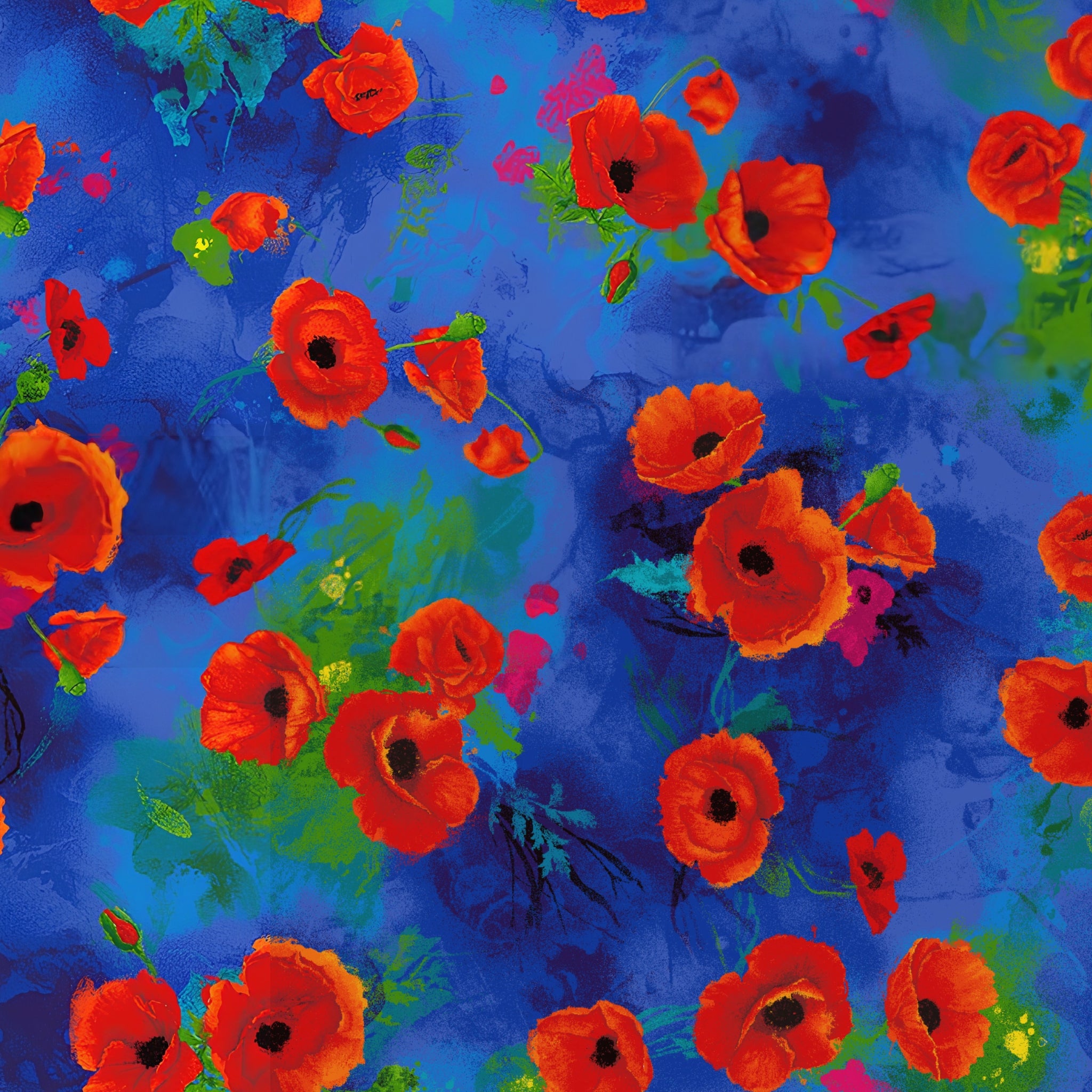 Painted red orange poppy tossed floral digital print cobalt blue watercolour background fabric for quilts bags cushions book covers and patchwork sewing projects