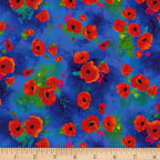 Painted red orange poppy tossed floral digital print cobalt blue watercolour background fabric for quilts bags cushions book covers and patchwork sewing projects