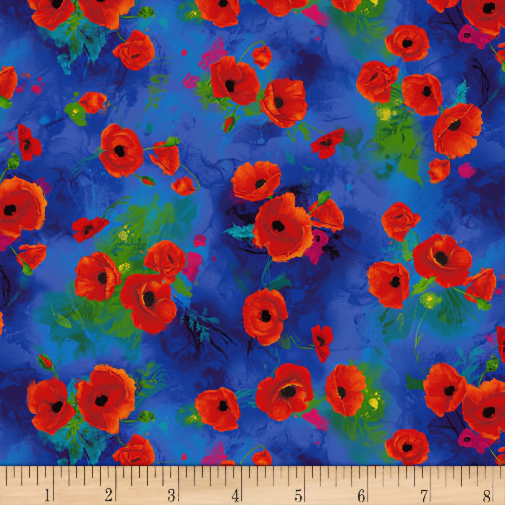 Painted red orange poppy tossed floral digital print cobalt blue watercolour background fabric for quilts bags cushions book covers and patchwork sewing projects