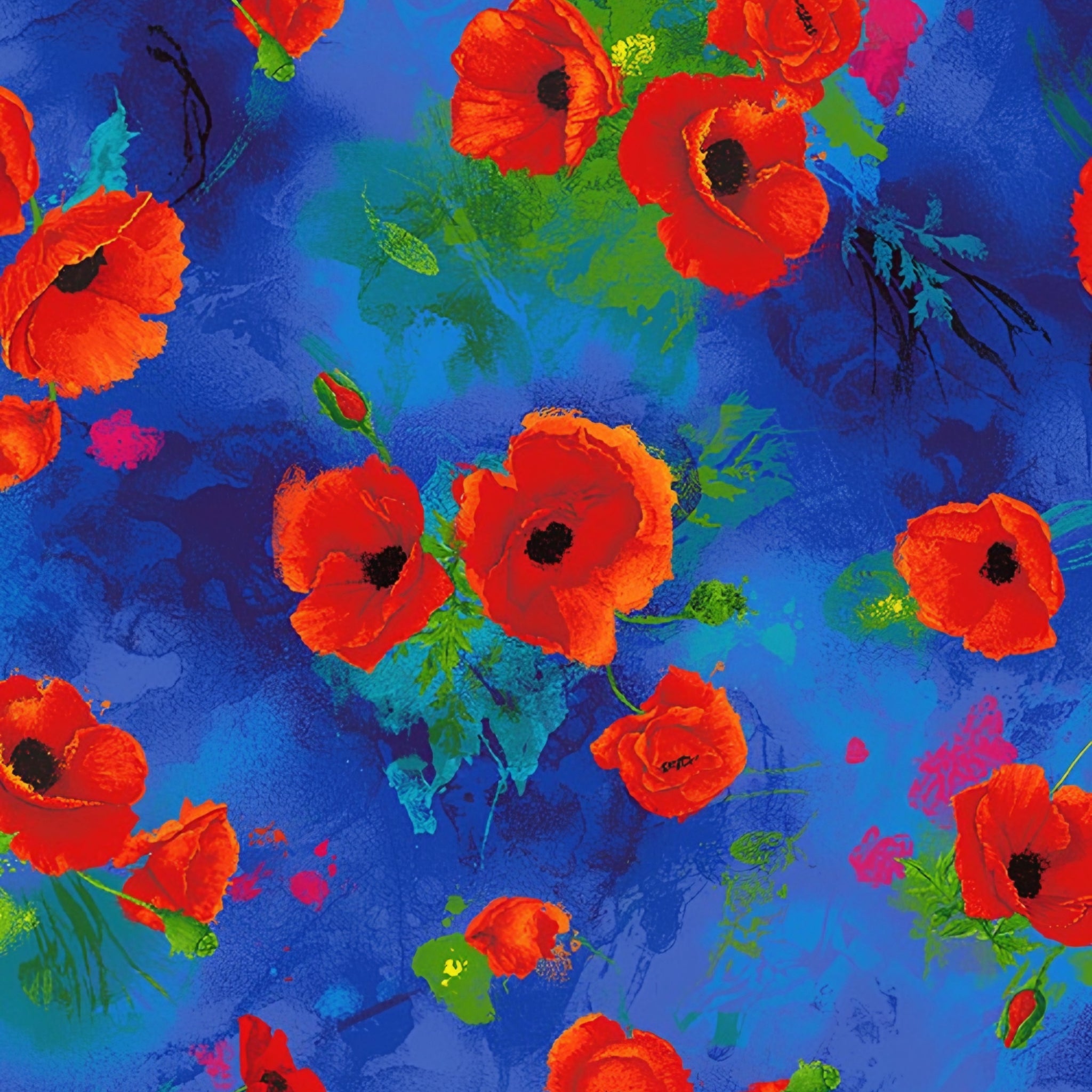 Painted red orange poppy tossed floral digital print cobalt blue watercolour background fabric for quilts bags cushions book covers and patchwork sewing projects