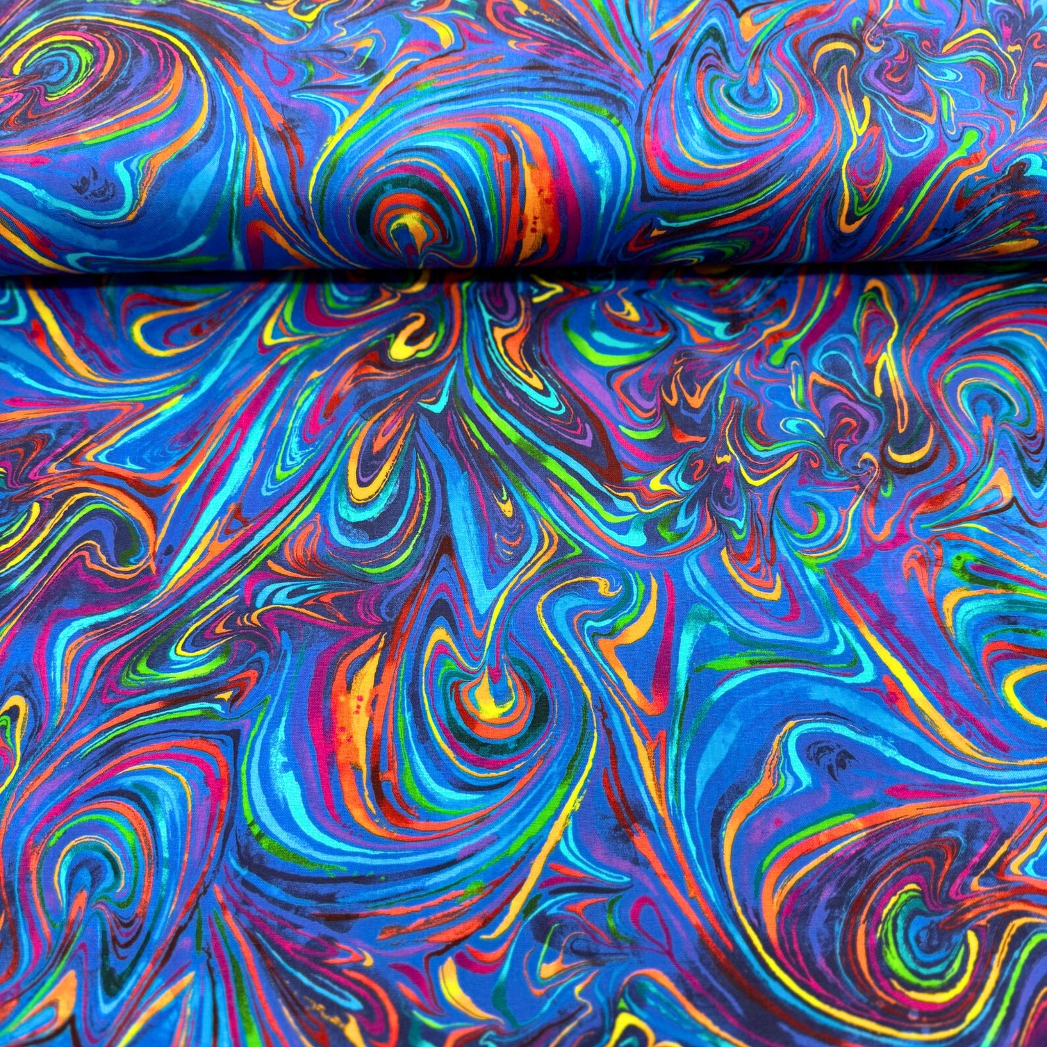 Rainbow swirls marbled digital print in vibrant multi colours for modern quilts and patchwork sewing projects
