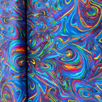 Rainbow marbled swirl blender blue turquoise purple pink red orange yellow lime green digital print fabric for feature quilts bags and bold patchwork sewing projects