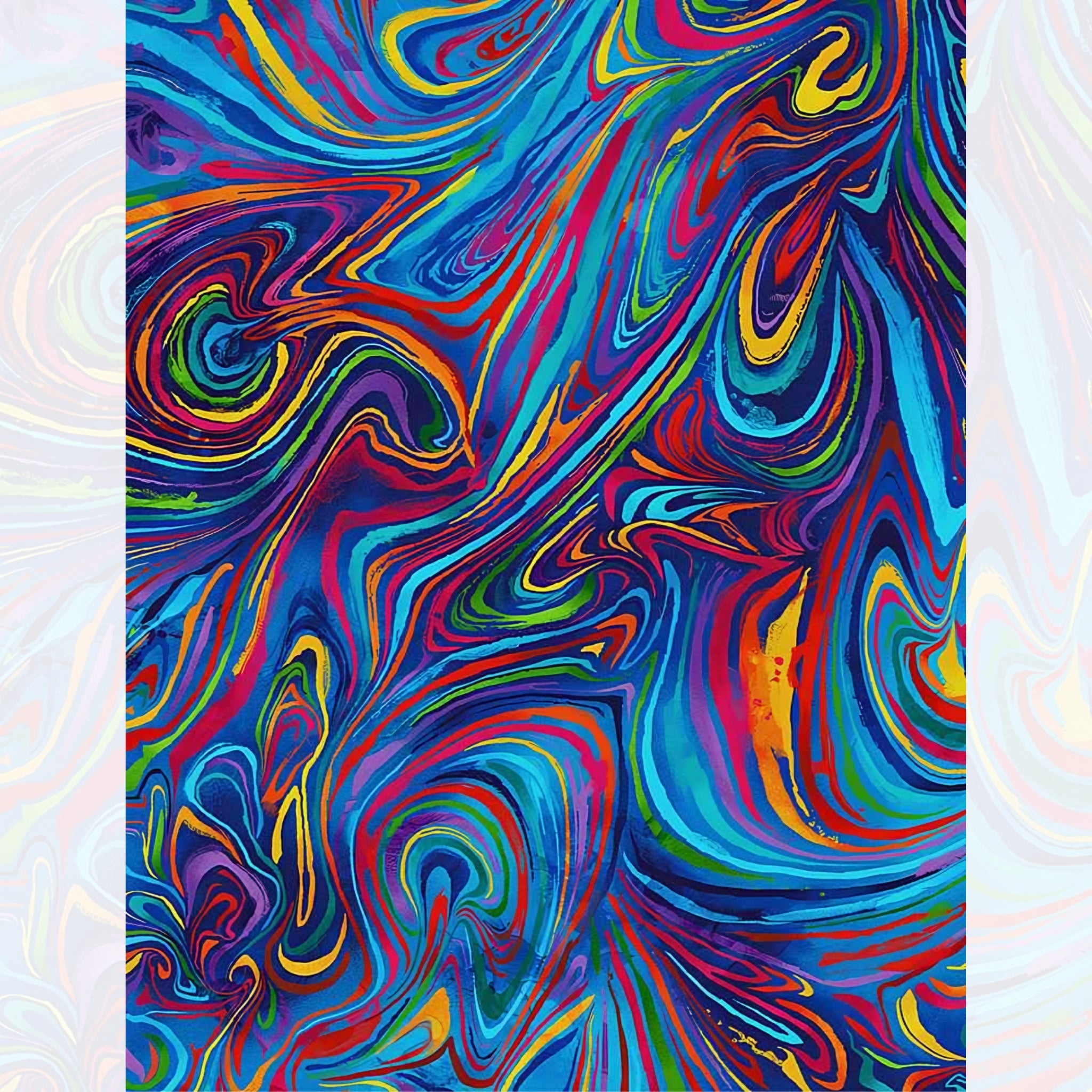 Rainbow marbled swirl blender blue turquoise purple pink red orange yellow lime green digital print fabric for feature quilts bags and bold patchwork sewing projects