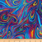 Rainbow marbled swirl blender blue turquoise purple pink red orange yellow lime green digital print fabric for feature quilts bags and bold patchwork sewing projects