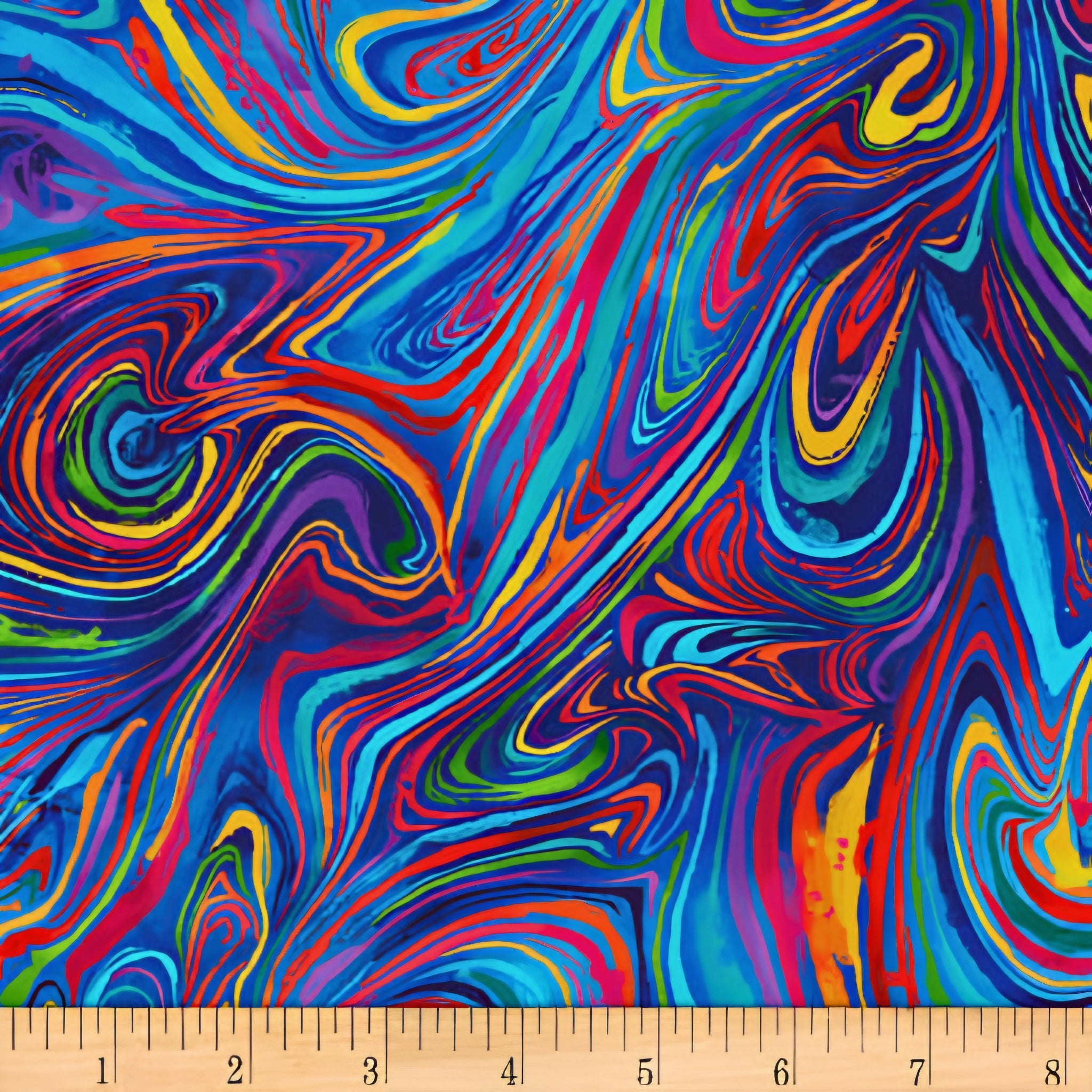 Rainbow marbled swirl blender blue turquoise purple pink red orange yellow lime green digital print fabric for feature quilts bags and bold patchwork sewing projects