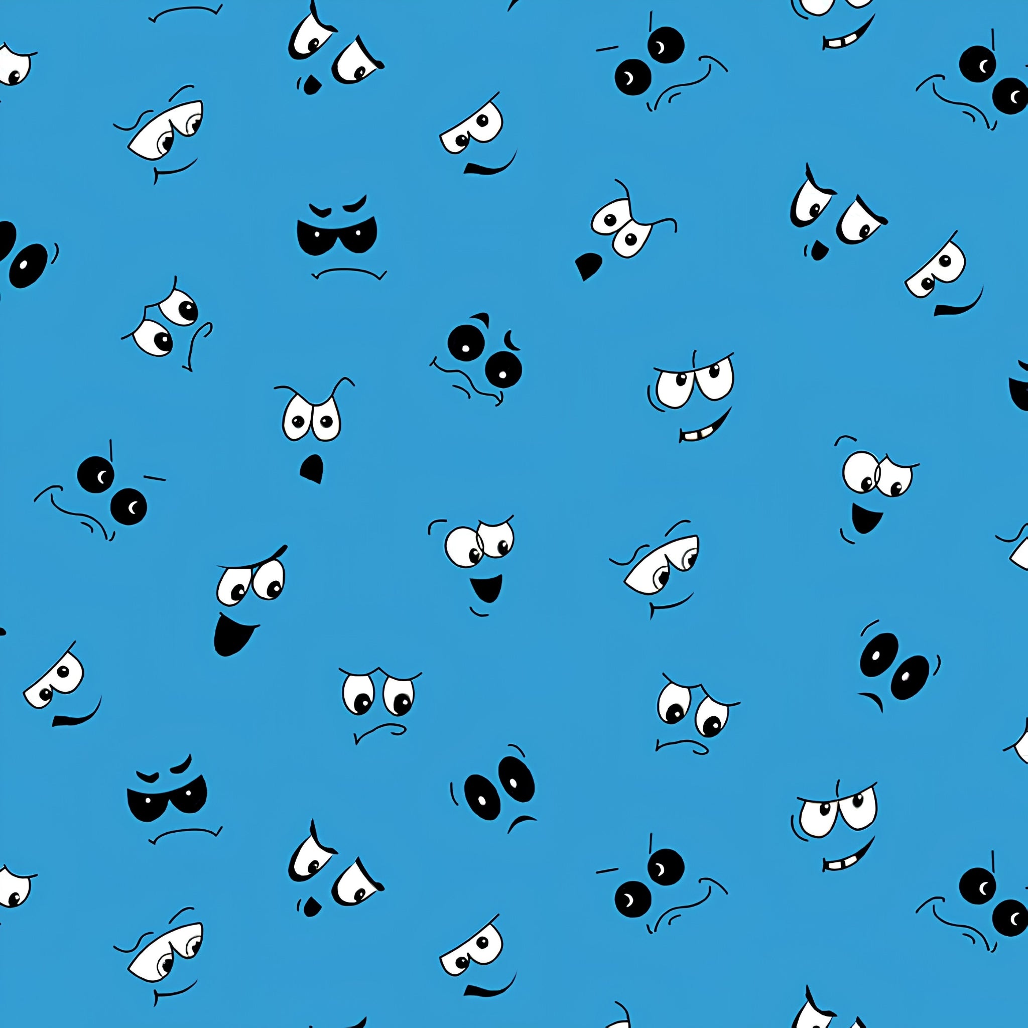 Novelty cartoon faces emotions expressions blue fabric for I Spy quilts kids classroom school quilts and children's patchwork projects