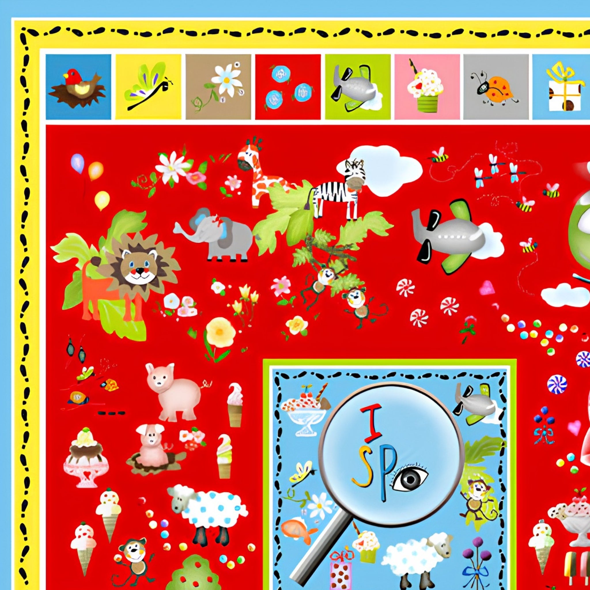Novelty I Spy panel red animals vehicles sweets fish kids fabric for I Spy quilts classroom school projects and children's educational patchwork
