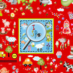 Novelty I Spy panel red animals vehicles sweets fish kids fabric for I Spy quilts classroom school projects and children's educational patchwork