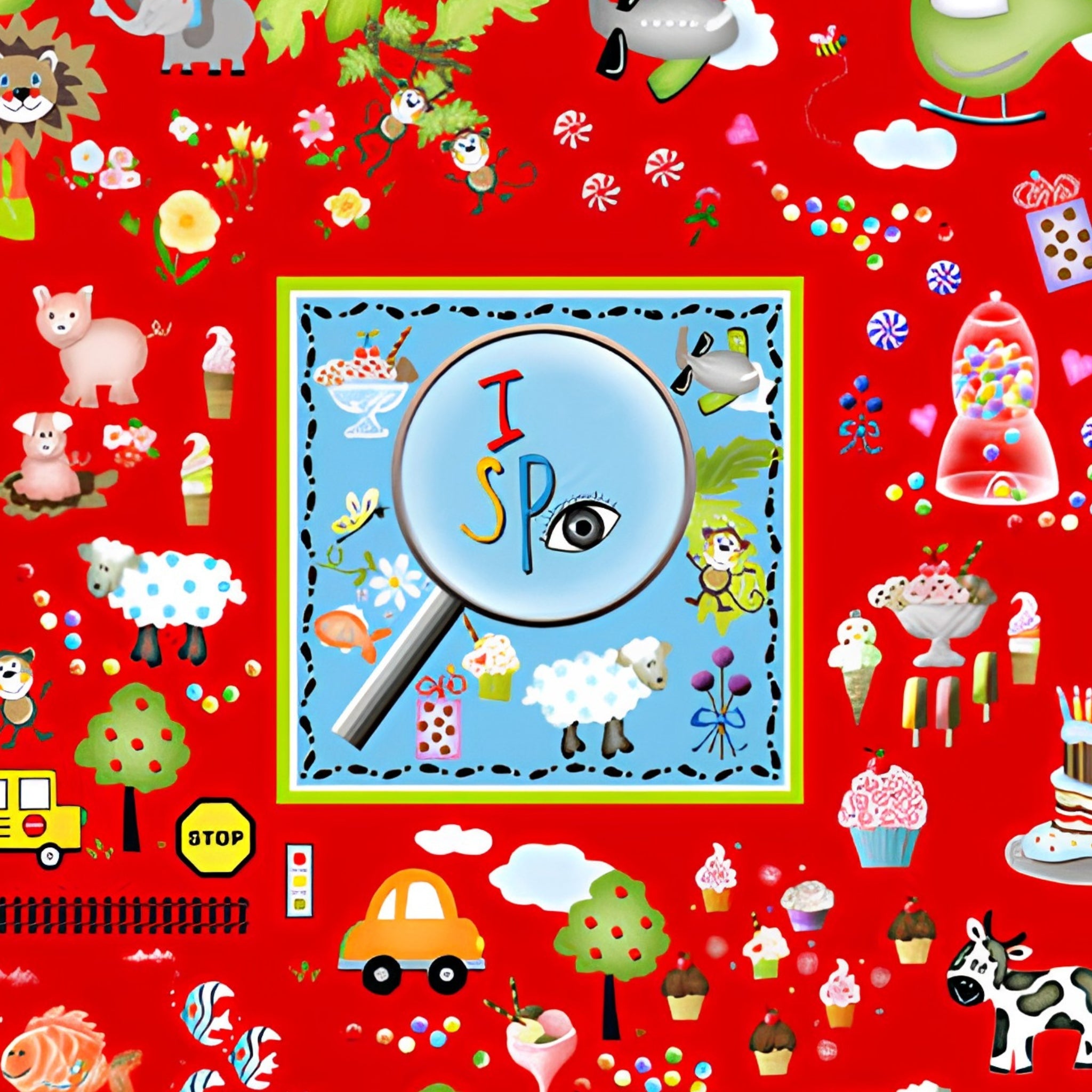 Novelty I Spy panel red animals vehicles sweets fish kids fabric for I Spy quilts classroom school projects and children's educational patchwork