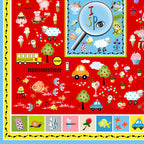Novelty I Spy panel red animals vehicles sweets fish kids fabric for I Spy quilts classroom school projects and children's patchwork