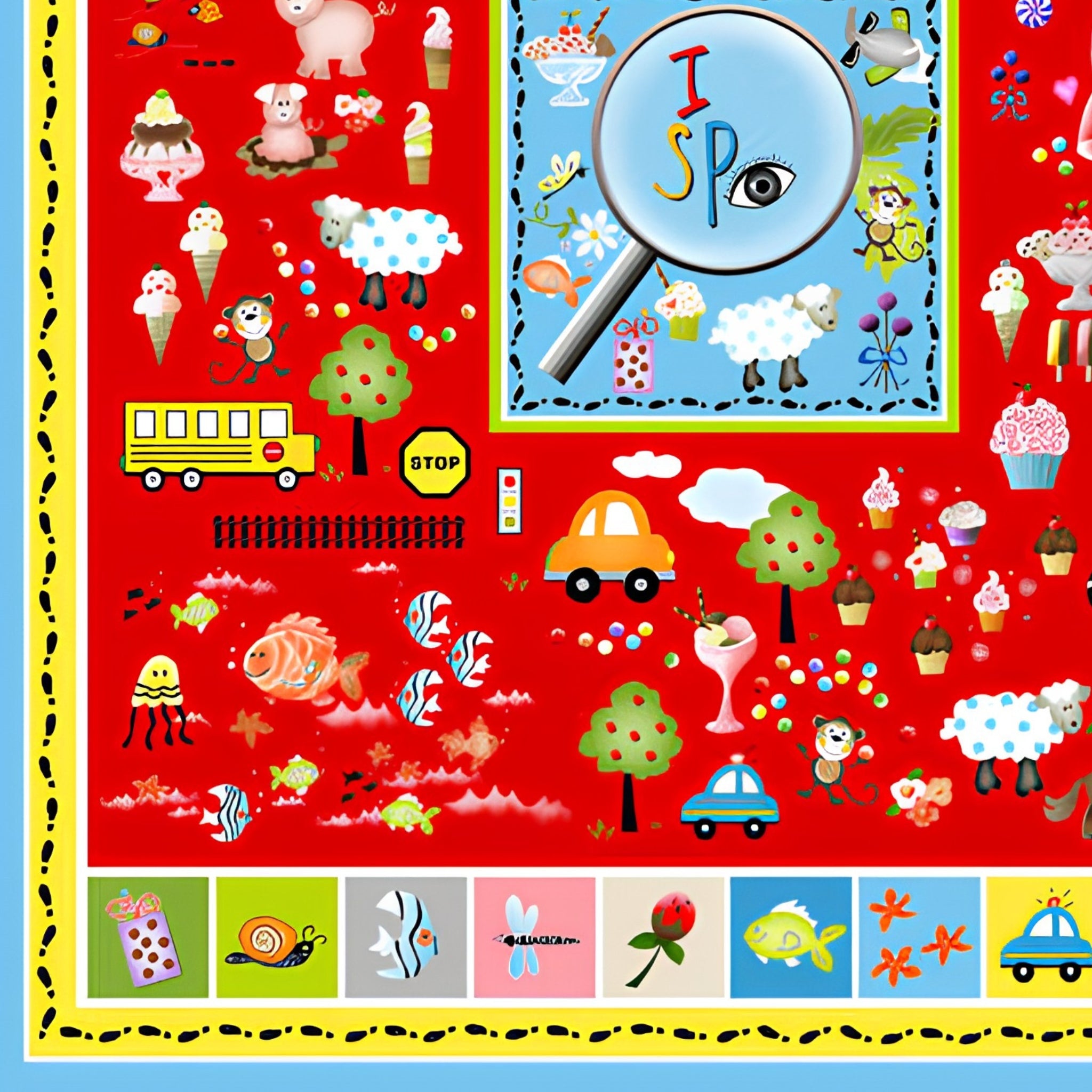 Novelty I Spy panel red animals vehicles sweets fish kids fabric for I Spy quilts classroom school projects and children's patchwork