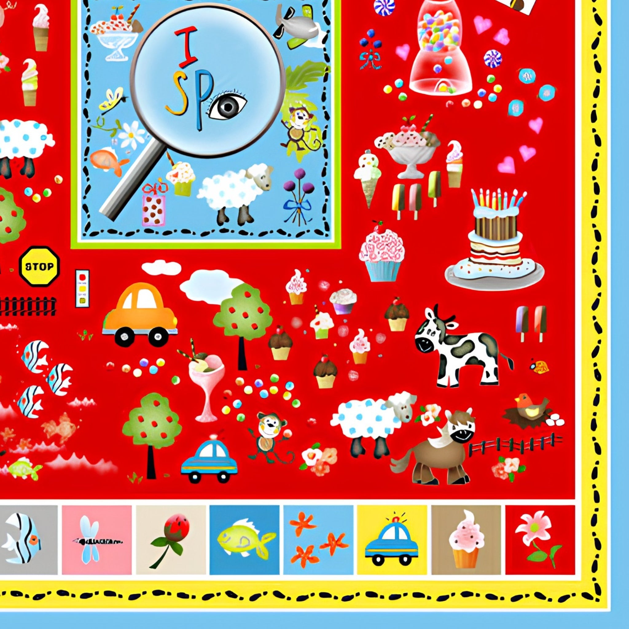 Novelty I Spy panel red animals vehicles sweets fish kids fabric for I Spy quilts classroom school projects and children's patchwork