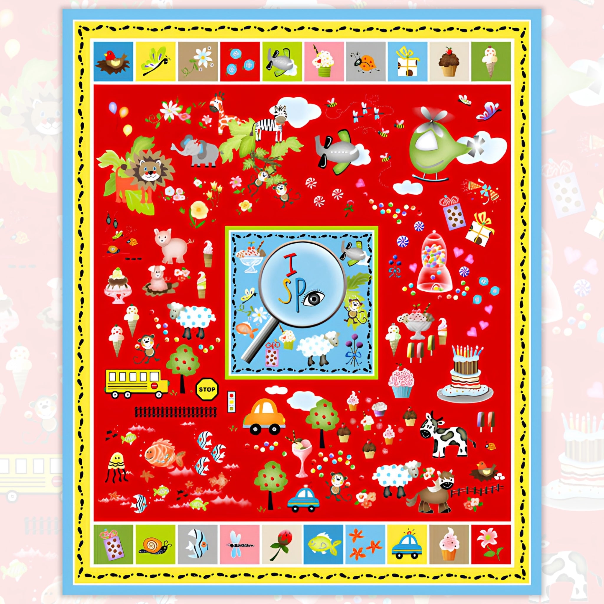 Novelty I Spy panel red animals vehicles sweets fish kids fabric for I Spy quilts classroom school projects and children's patchwork