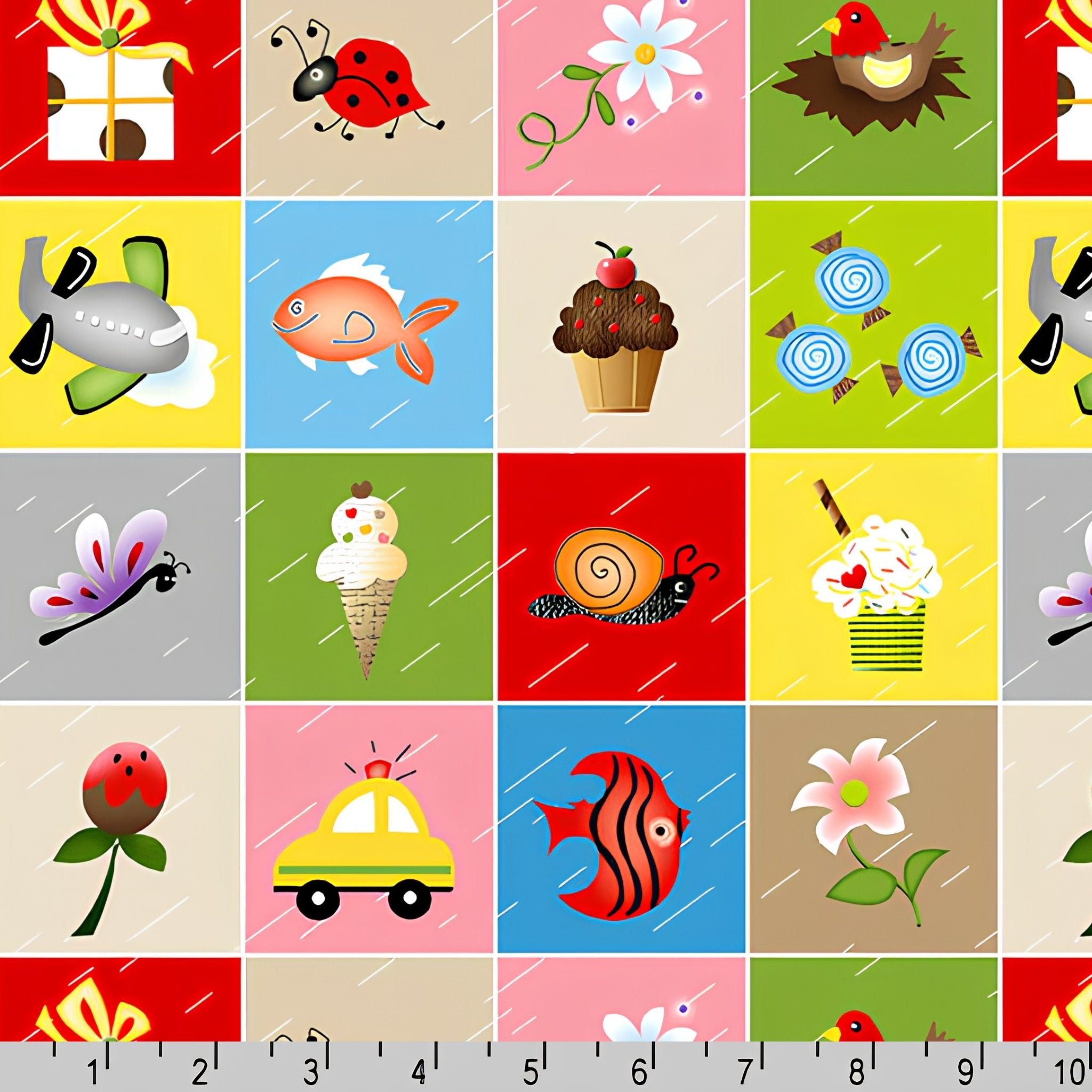 Novelty I Spy motif squares ladybird fish cupcake car flower multi colourful fabric for fussy cutting kids I Spy quilts and classroom educational projects
