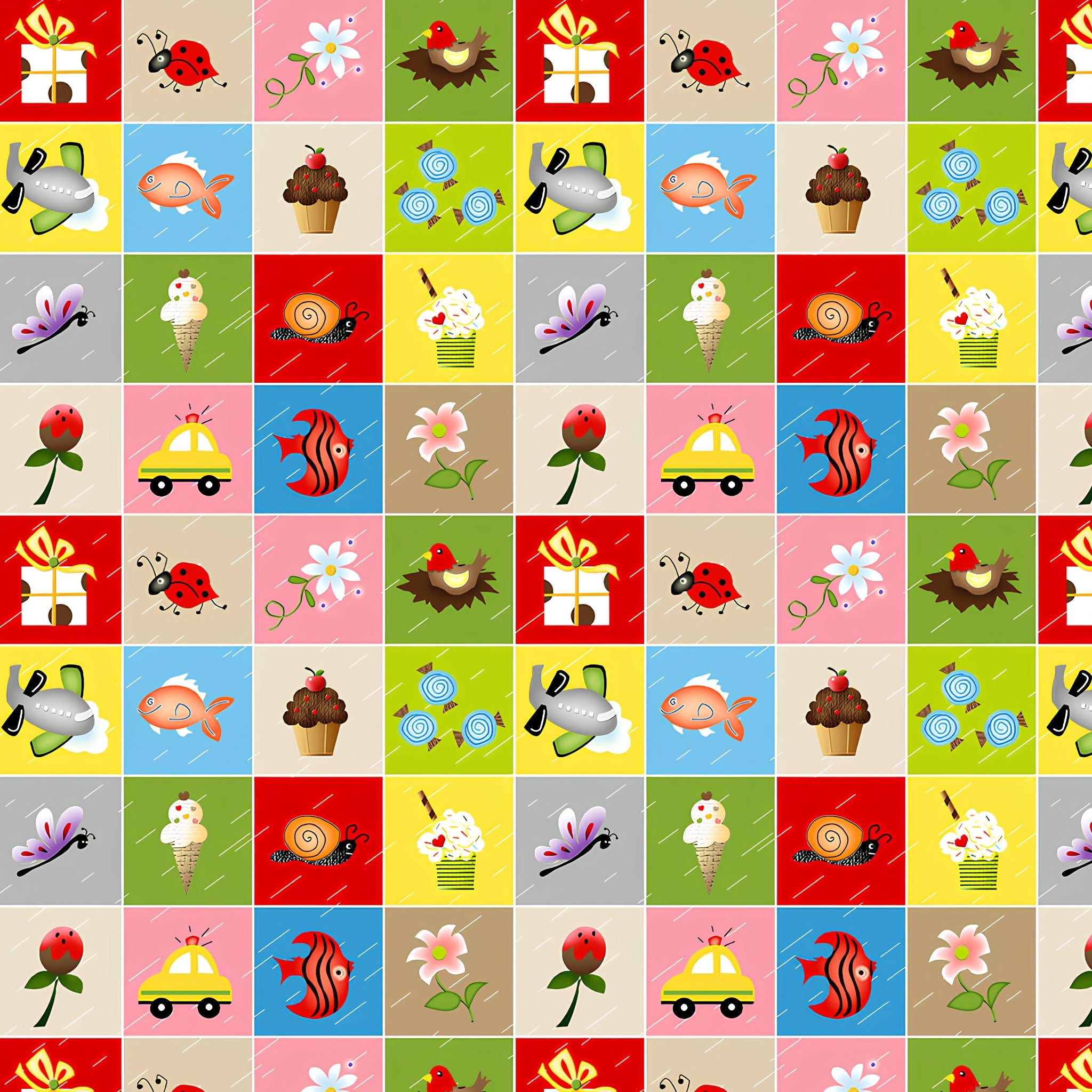 Novelty I Spy motif squares ladybird fish cupcake car flower multi colourful fabric for fussy cutting kids I Spy quilts and classroom educational projects