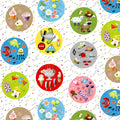 Novelty I Spy motif bubbles circles animals vehicles sweets insects fish white multi fabric for kids I Spy quilts classroom projects and novelty patchwork
