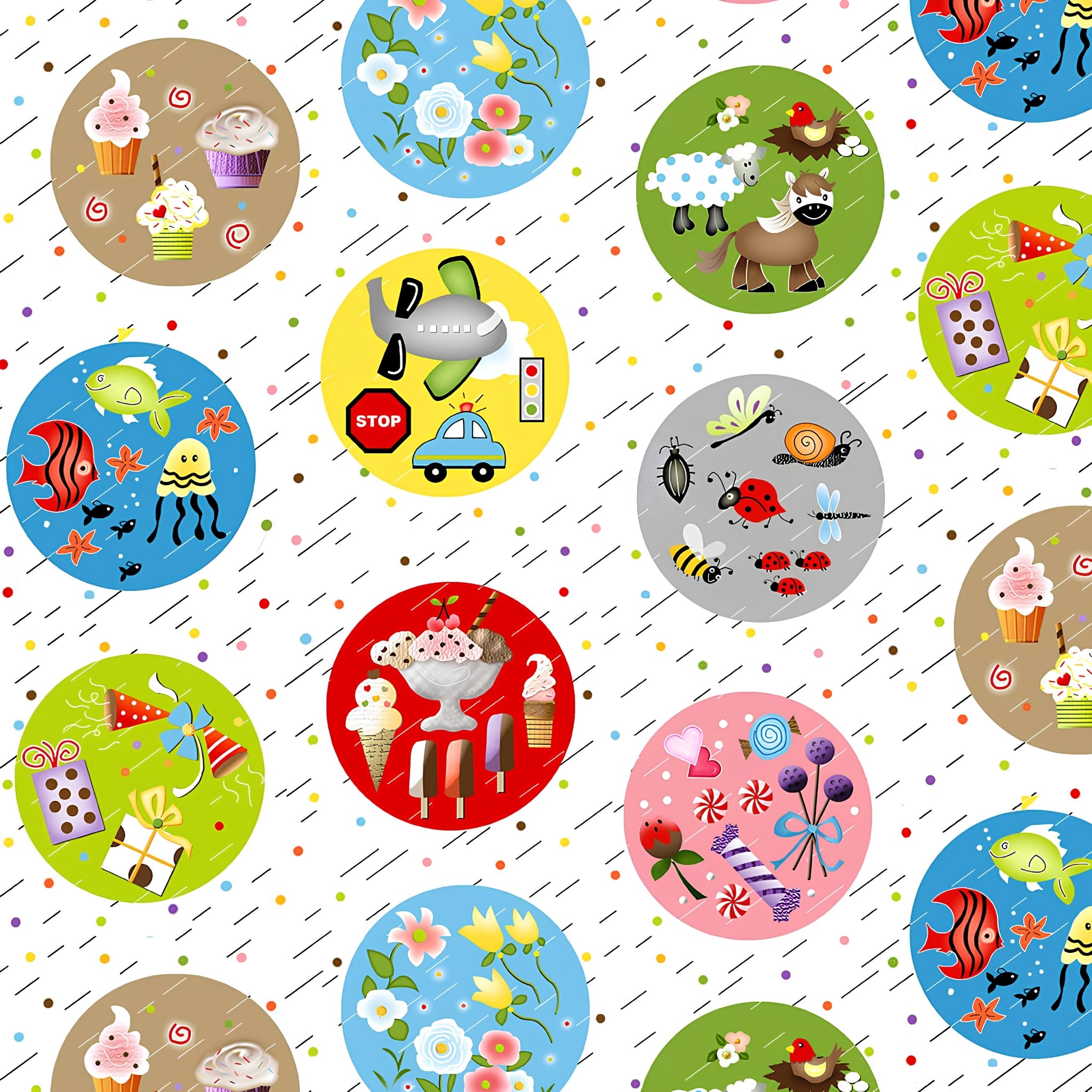 Novelty I Spy motif bubbles circles animals vehicles sweets insects fish white multi fabric for kids I Spy quilts classroom projects and novelty patchwork