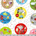 Novelty I Spy motif bubbles circles animals vehicles sweets insects fish white multi fabric for kids I Spy quilts classroom projects and novelty educational patchwork