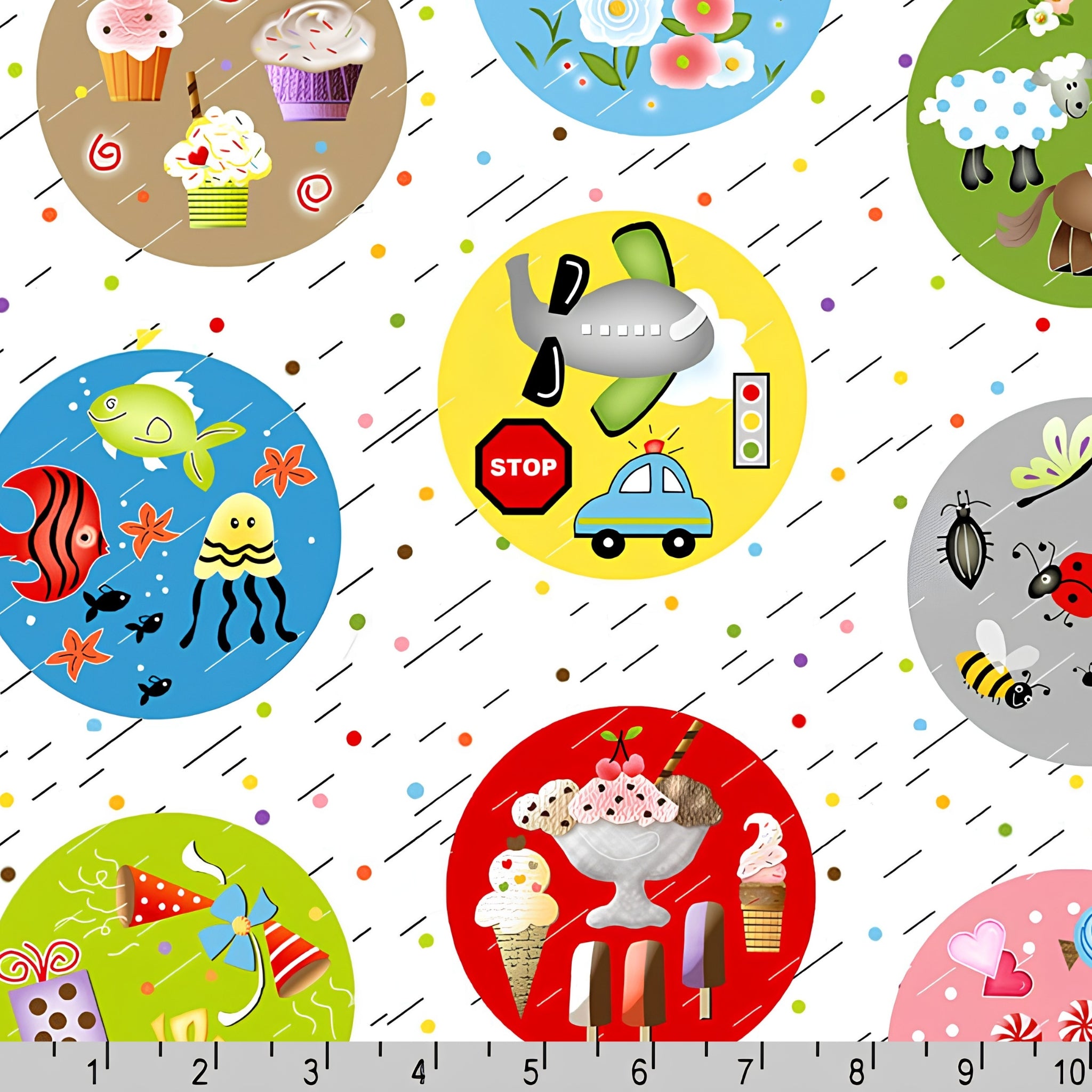 Novelty I Spy motif bubbles circles animals vehicles sweets insects fish white multi fabric for kids I Spy quilts classroom projects and novelty educational patchwork