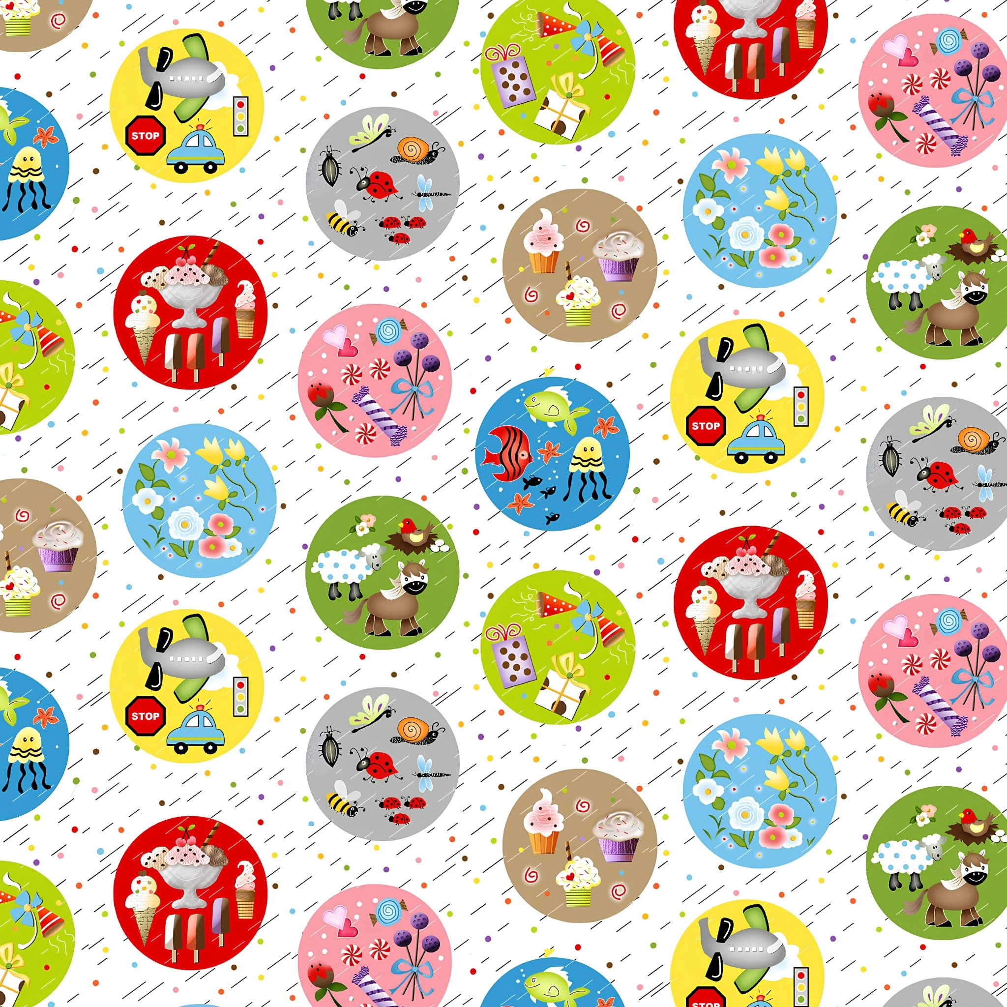 Novelty I Spy motif bubbles circles animals vehicles sweets insects fish white multi fabric for kids I Spy quilts classroom projects and novelty patchwork