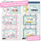 Fabric panels with retro caravans, bunting, and pinwheel borders. Available in pink and blue