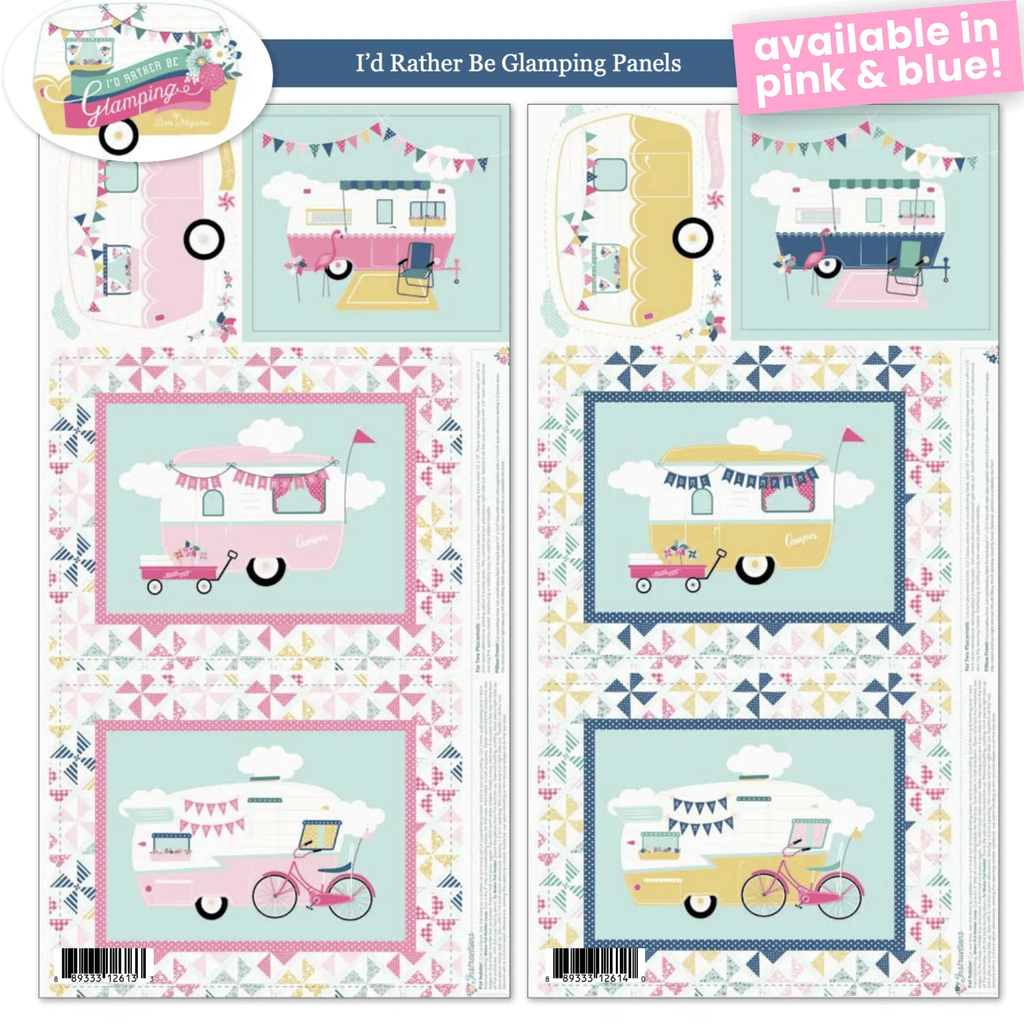 Fabric panels with retro caravans, bunting, and pinwheel borders. Available in pink and blue