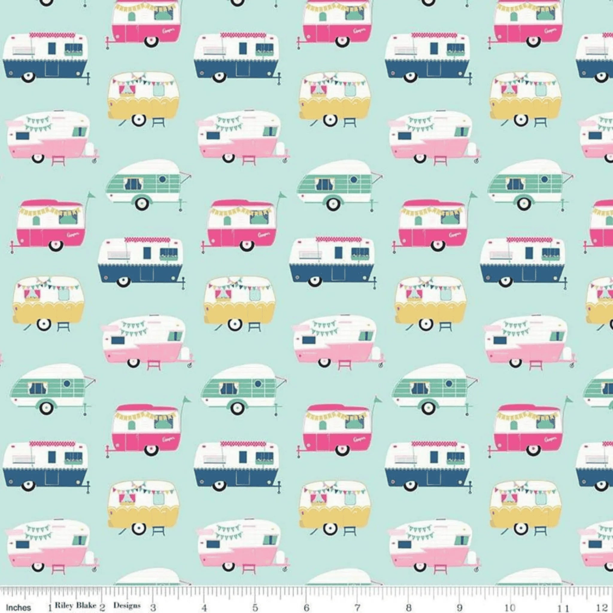Pattern of vintage-style travel trailers on a light blue background with a ruler at the bottom.