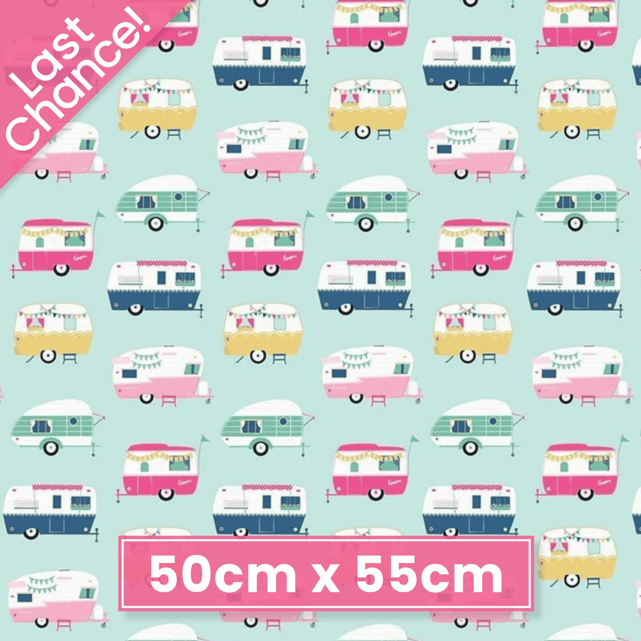 Pattern of vintage-style travel trailers on a light blue background quilting cotton fabric