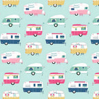 Retro glamping caravans pink aqua navy yellow on soft pastel mint novelty quilting fabric for children's quilts bags cushions and caravan curtains