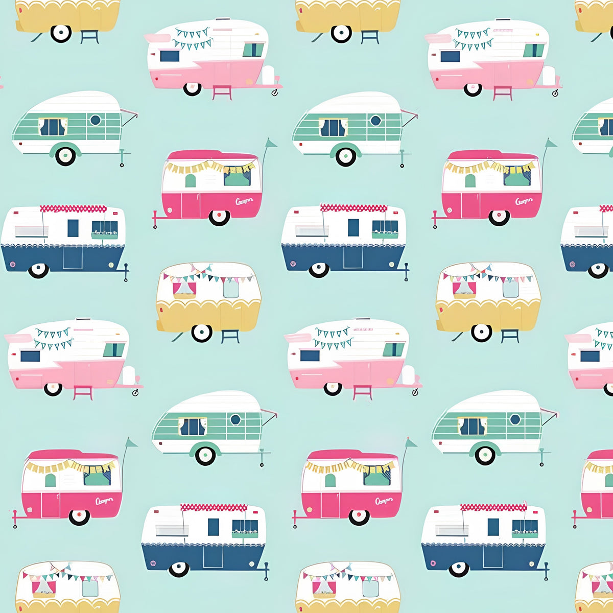 Retro glamping caravans pink aqua navy yellow on soft pastel mint novelty quilting fabric for children's quilts bags cushions and caravan curtains