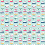 Retro glamping caravans pink aqua navy yellow on soft pastel mint novelty quilting fabric for children's quilts bags cushions and caravan curtains