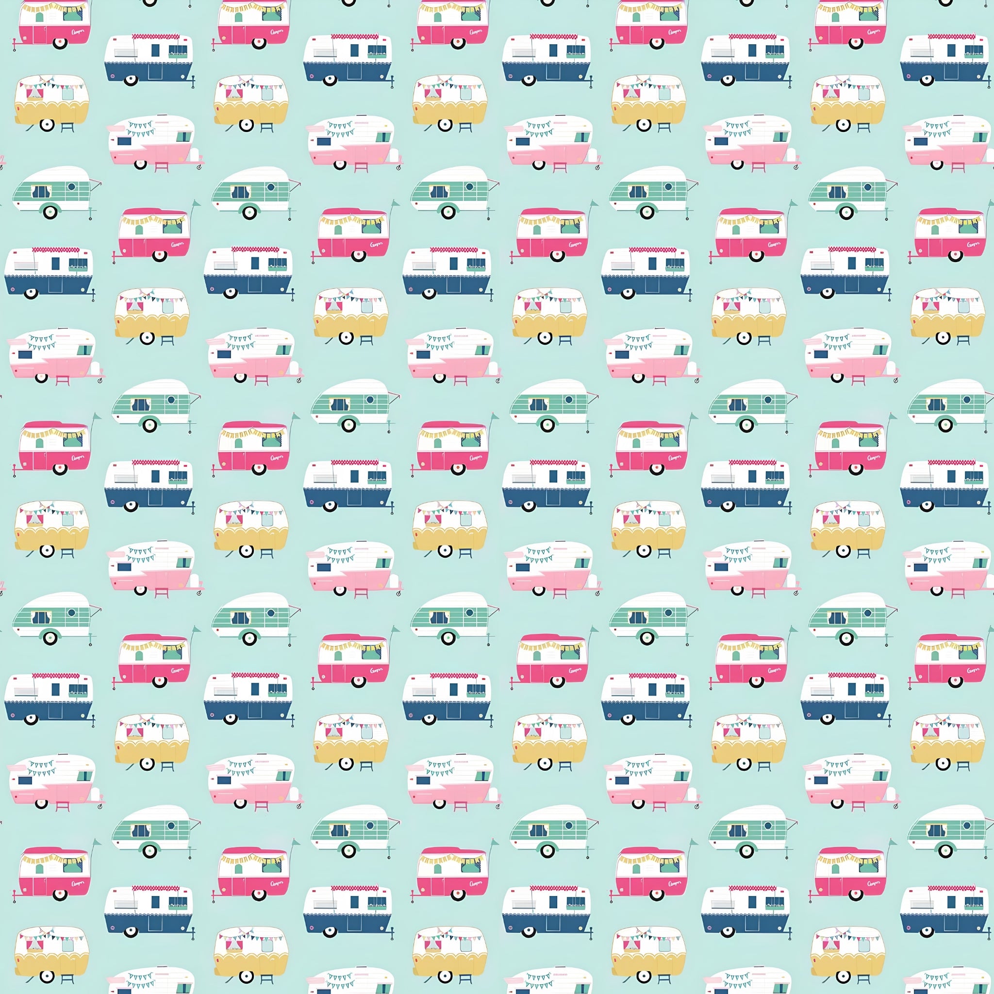 Retro glamping caravans pink aqua navy yellow on soft pastel mint novelty quilting fabric for children's quilts bags cushions and caravan curtains