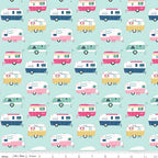 Retro glamping caravans pink aqua navy yellow on soft pastel mint novelty quilting fabric for children's quilts bags cushions and caravan curtains