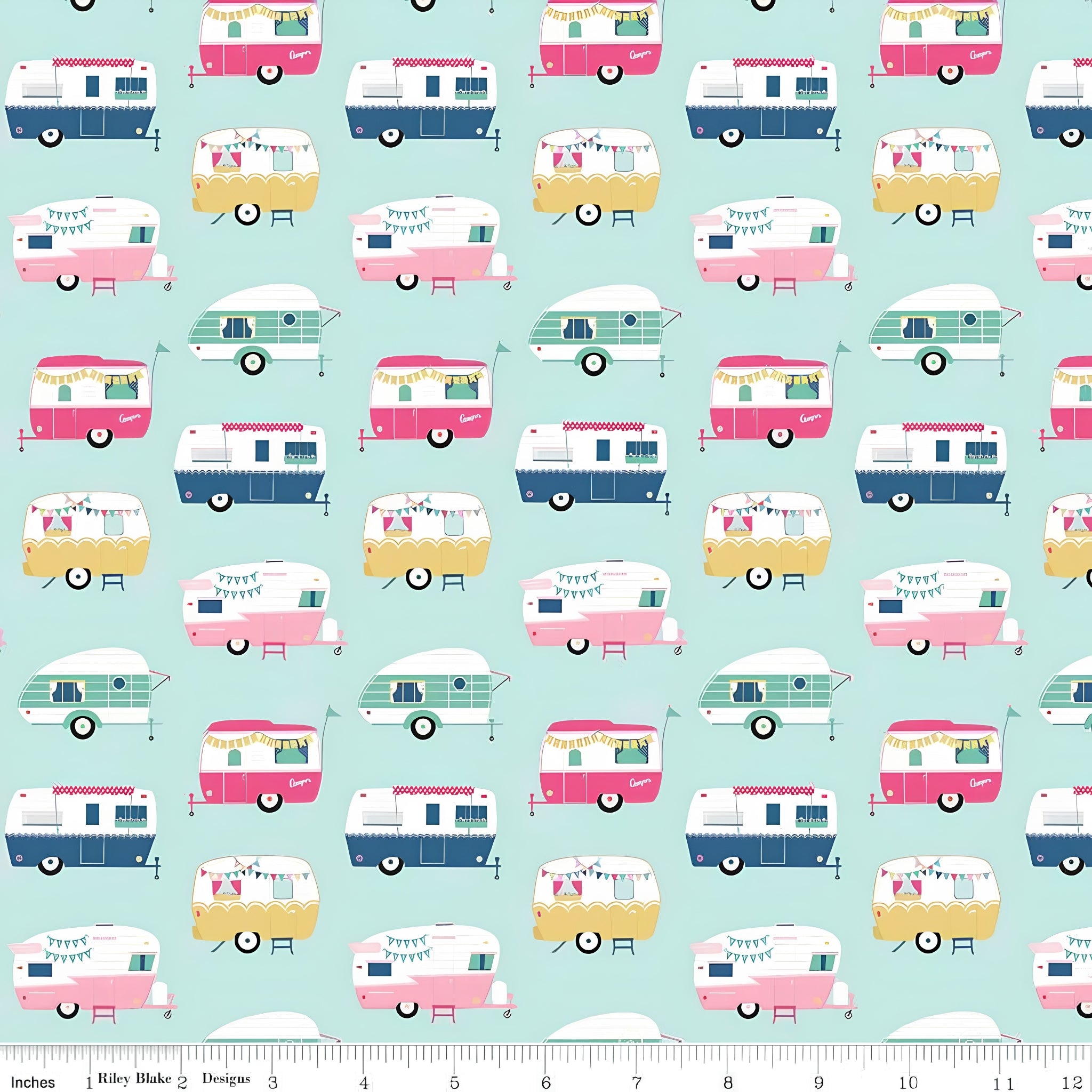 Retro glamping caravans pink aqua navy yellow on soft pastel mint novelty quilting fabric for children's quilts bags cushions and caravan curtains