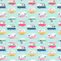 Retro glamping caravans pink aqua navy yellow on soft pastel mint novelty quilting fabric for children's quilts bags cushions and caravan curtains